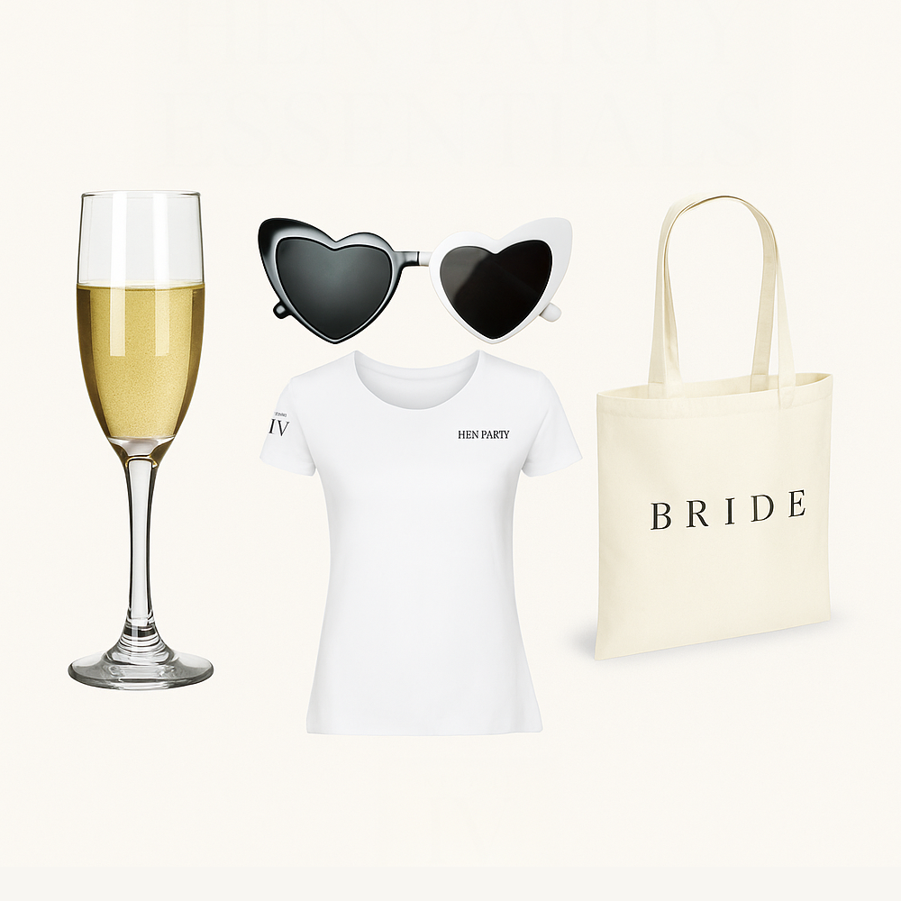 White t-shirt with 'HEN PARTY' text, heart-shaped sunglasses, champagne flute, and 'BRIDE' tote bag on a white background