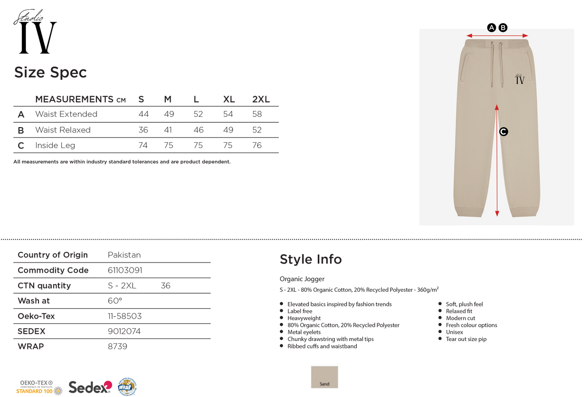 Size chart for Studio IV Organic Joggers