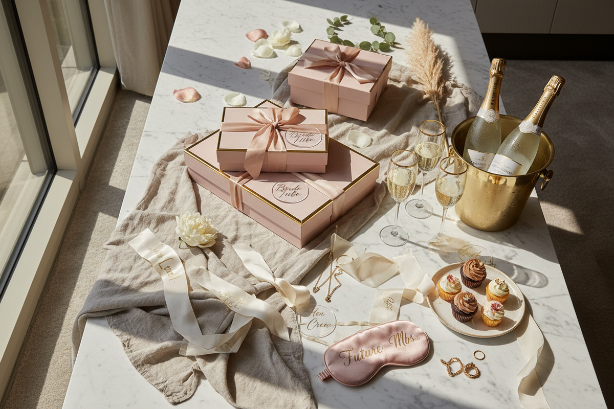 A stylish, high-end hen party flat lay set in a modern UK apartment or boutique hotel suite. Soft neutral tones with blush pink, champagne beige and hints of gold. A beautifully curated hen party setup featuring elegant gift boxes, prosecco bottles, champagne flutes, personalised hen party accessories, silk ribbons, subtle florals, and tasteful party treats arranged neatly on a marble or linen surface. Natural daylight coming through large windows, creating soft shadows and a premium lifestyle feel. No chea