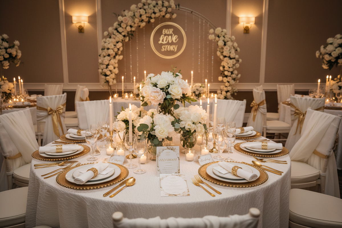 Décor & Props: Full table décor (charger plates, centrepieces, candles), chair dressings, small backdrops or feature areas.

Setup & Breakdown: Full installation & next-day removal.

Stationery Styling: Setup of client-provided place cards, menus, signage.

Coordination: Liaising with your décor hire company & venue team