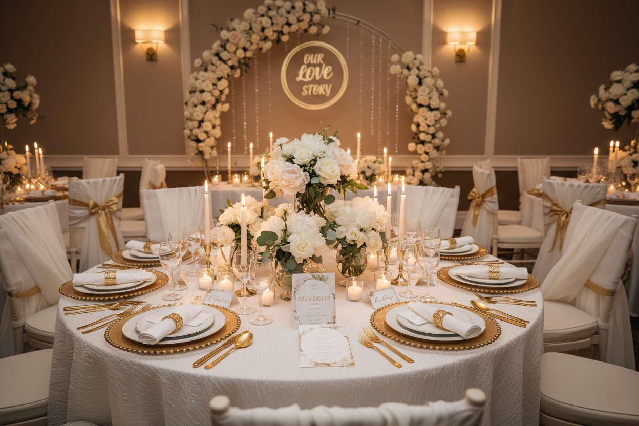 Décor & Props: Full table décor (charger plates, centrepieces, candles), chair dressings, small backdrops or feature areas.

Setup & Breakdown: Full installation & next-day removal.

Stationery Styling: Setup of client-provided place cards, menus, signage.

Coordination: Liaising with your décor hire company & venue team