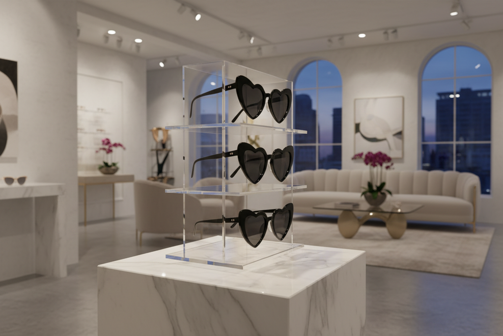 heart shaped black glasses in sheek venue