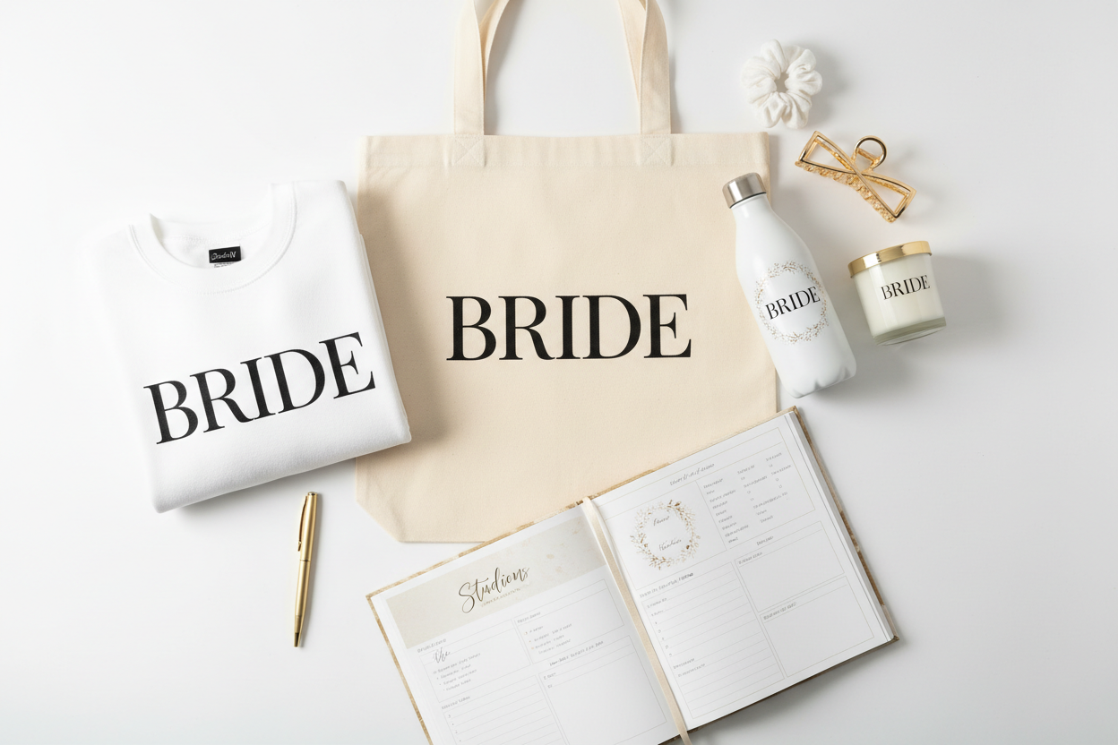 Includes:
Tote bag (BRIDE on the front)
Studio IV pen
Sweatshirt (BRIDE on front, Studio IV logo RS)
White scrunchie
Gold claw clip
Mini candle
Tumbler bottle (BRIDE, sticker) 
Wedding planner book


serif font in black