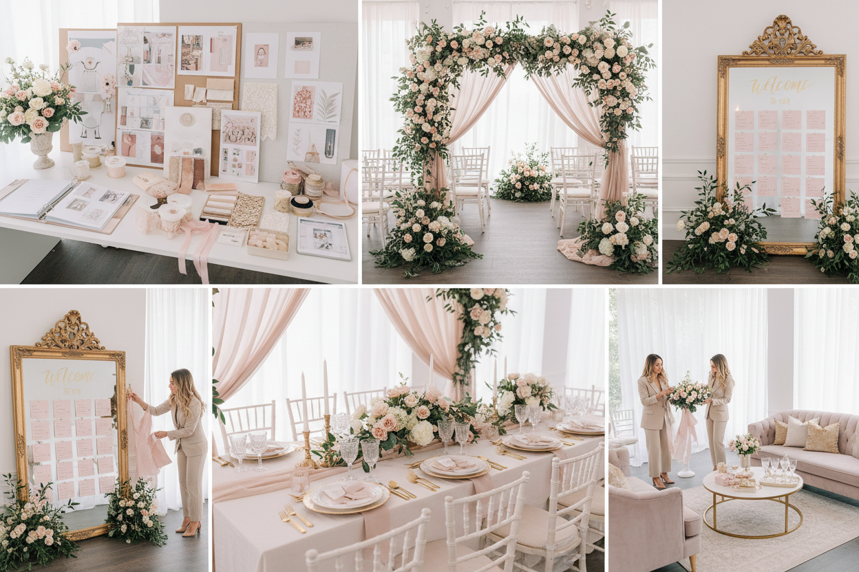 This submits enquiry

Design &amp; Consultation: Unlimited design sessions, venue visits, bespoke digital design mock-ups, sourcing of décor hire items.

Décor &amp; Props: Comprehensive styling across ceremony, reception, tables, lounge/guest spaces, signage, feature installations.

Setup &amp; Breakdown: Large styling team for full execution, including fast venue turnarounds or room flips.

Stationery &amp; Printed Decor: Full suite styling (welcome boards, seating plans, orders of the day, table statione